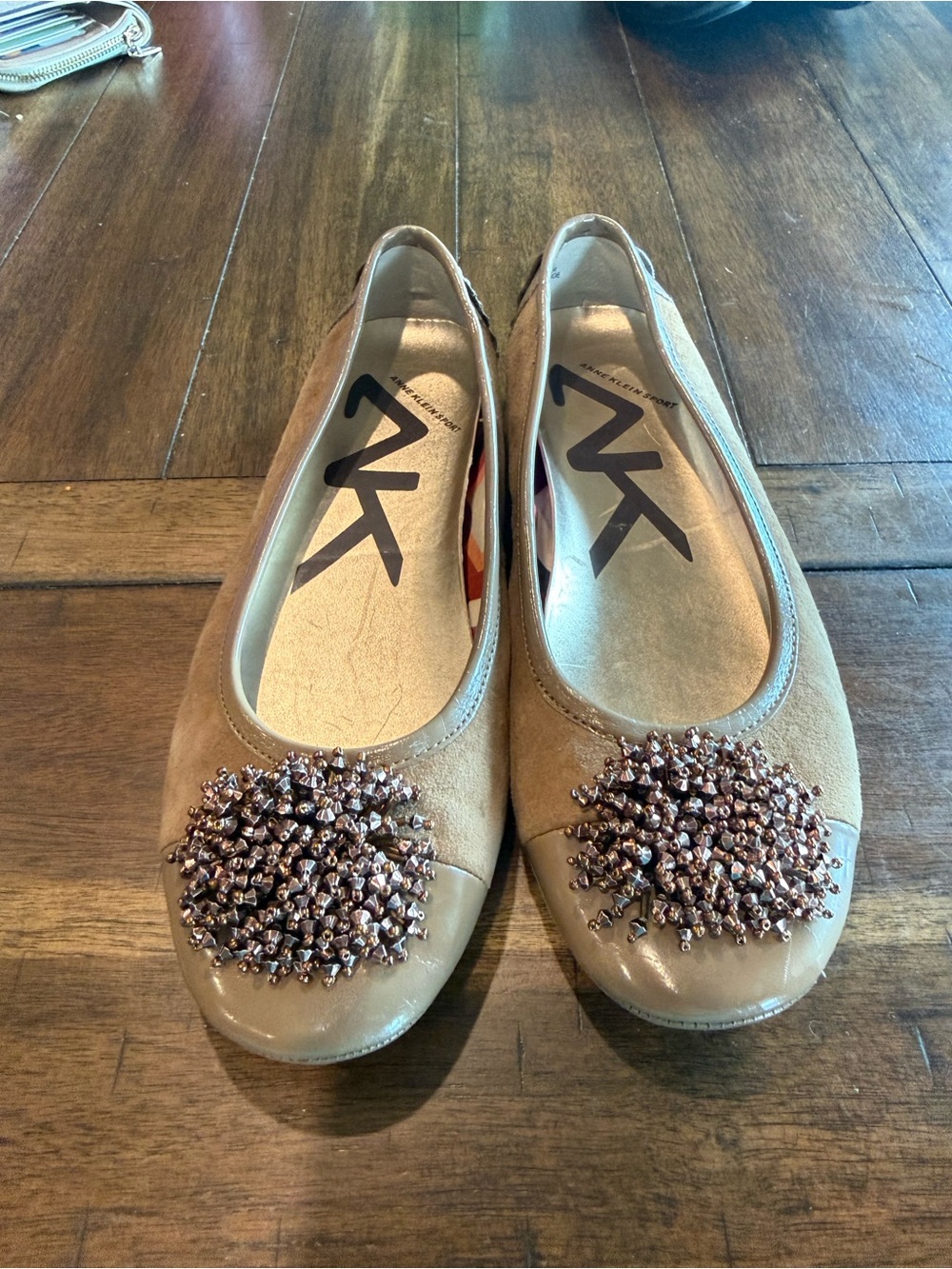 Anne Klein Tan Suede Ballet Flats with Beaded Toe Accents